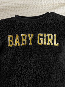SHEIN Baby Letter Embroidery Teddy Pullover & Trousers - Black - View 3