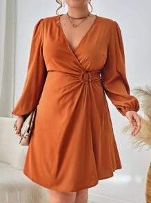 SHEIN Clasi Vestido bajo cruzado de manga farol - Naranja Quemada - Ver 1