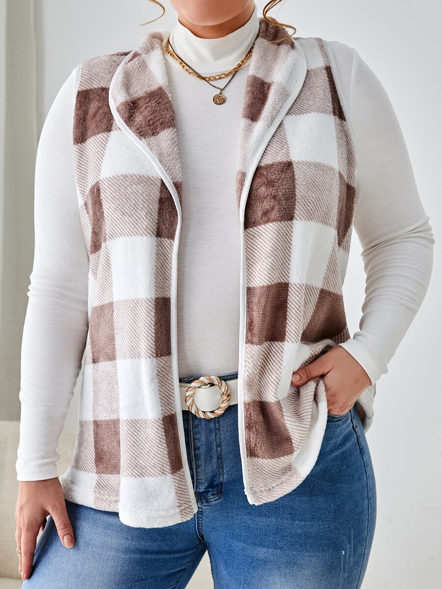 SHEIN LUNE Plus Buffalo Plaid Print Open Front Vest Coat Without Tee In Fall/Winter - Multicolor - View 1