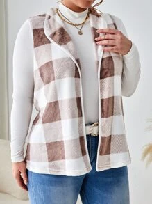 SHEIN LUNE Plus Buffalo Plaid Print Open Front Vest Coat Without Tee In Fall/Winter - Multicolor - View 3