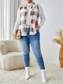 SHEIN LUNE Plus Buffalo Plaid Print Open Front Vest Coat Without Tee In Fall/Winter - Multicolor - View 4