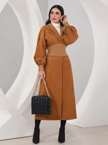 Modelyn Lapel Neck Lantern Sleeve Coat - Brown - View 1