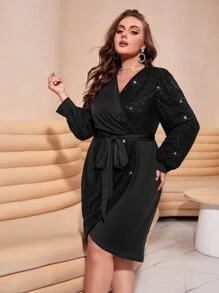 SHEIN Clasi Vestido de manga farol cruzado con cinturón con lentejuelas - Negro - Ver 1