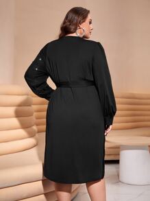 SHEIN Clasi Vestido de manga farol cruzado con cinturón con lentejuelas - Negro - Ver 2