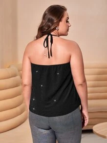 SHEIN Clasi Plus Tie Back Glitter Halter Top - Black - View 2