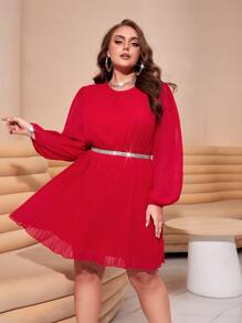 SHEIN Clasi Vestido de manga farol bajo fruncido sin cinturón - Rojo - Ver 1