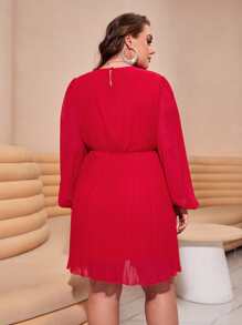 SHEIN Clasi Vestido de manga farol bajo fruncido sin cinturón - Rojo - Ver 2