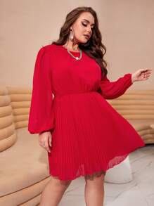 SHEIN Clasi Vestido de manga farol bajo fruncido sin cinturón - Rojo - Ver 3