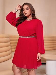 SHEIN Clasi Vestido de manga farol bajo fruncido sin cinturón - Rojo - Ver 5