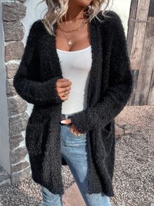 SHEIN Unity Double Pocket Drop Shoulder Popcorn Knit Duster Cardigan - Black - View 1