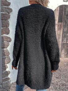 SHEIN Unity Double Pocket Drop Shoulder Popcorn Knit Duster Cardigan - Black - View 2
