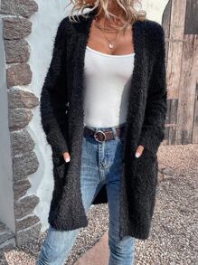 SHEIN Unity Double Pocket Drop Shoulder Popcorn Knit Duster Cardigan - Black - View 3