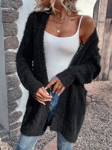 SHEIN Unity Double Pocket Drop Shoulder Popcorn Knit Duster Cardigan - Black - View 5