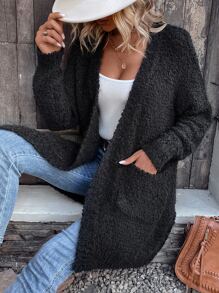 SHEIN Unity Double Pocket Drop Shoulder Popcorn Knit Duster Cardigan - Black - View 6