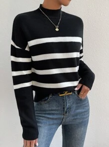SHEIN LUNE Suéter de punto con hombros caídos y patrón de rayas para otoño e invierno - Negro - Ver 1