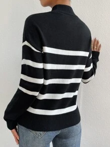 SHEIN LUNE Suéter de punto con hombros caídos y patrón de rayas para otoño e invierno - Negro - Ver 2