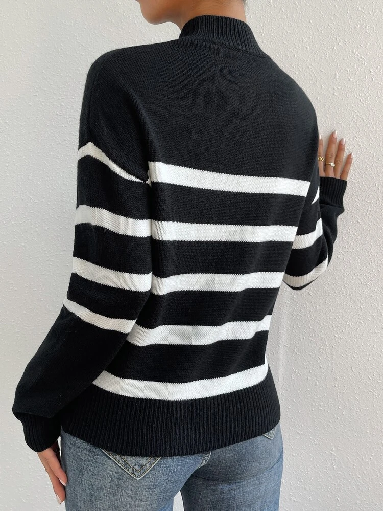 Striped Pattern Drop Shoulder Knit Pullover Fall Winter Sweater