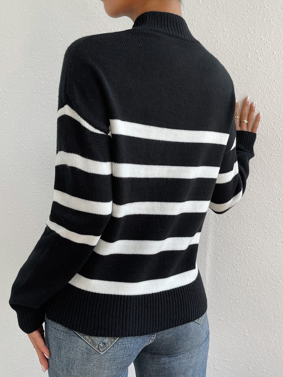 Striped Pattern Drop Shoulder Knit Pullover Fall Winter Sweater