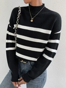 SHEIN LUNE Suéter de punto con hombros caídos y patrón de rayas para otoño e invierno - Negro - Ver 4