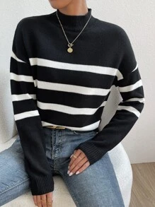 SHEIN LUNE Suéter de punto con hombros caídos y patrón de rayas para otoño e invierno - Negro - Ver 5