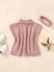 Baby Turtle Neck Button Detail Sweater Vest & Headband - Pink - View 2