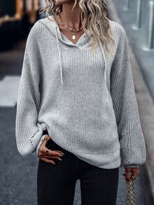 SHEIN LUNE Bishop Sleeve Drawstring Hooded Sweater - Light Grey - View 3