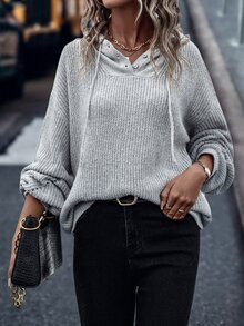 SHEIN LUNE Bishop Sleeve Drawstring Hooded Sweater - Light Grey - View 6