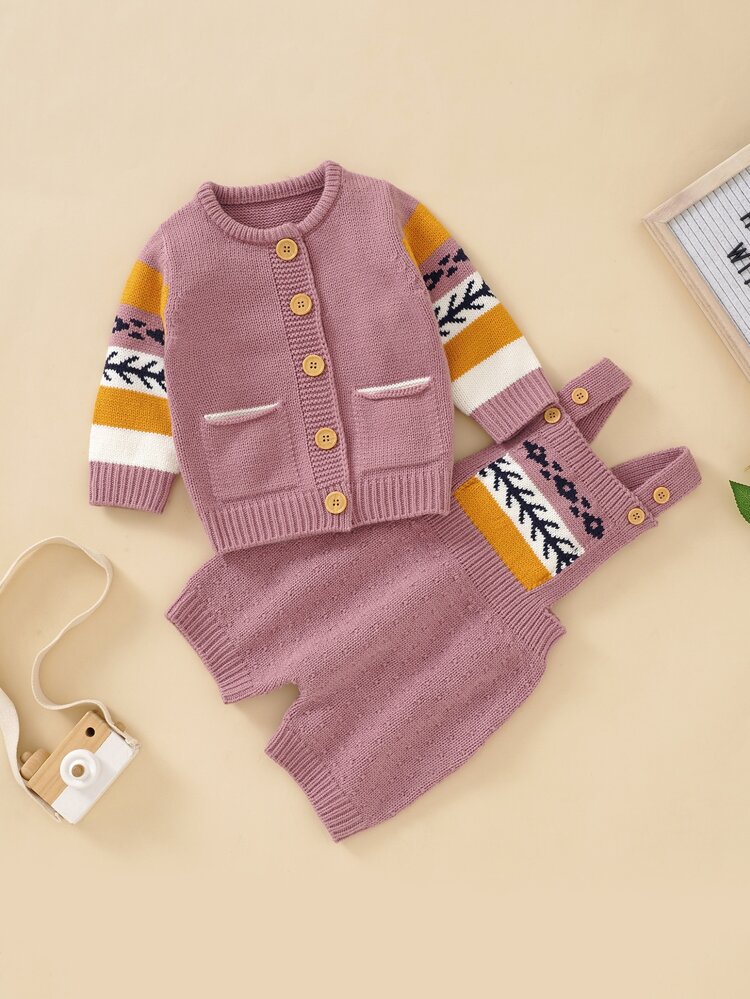 Baby Girls' Color Block Geometric Pattern Knitted Cardigan And Overalls Set With Button Front