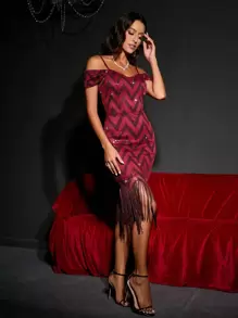 SHEIN Belle Burgundy Red Cold Shoulder Fringe Hem Sequin Bodycon Dress - Burgundy - View 4
