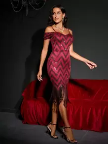 SHEIN Belle Burgundy Red Cold Shoulder Fringe Hem Sequin Bodycon Dress - Burgundy - View 6