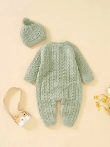 Baby Raglan Sleeve Cable Knit Jumpsuit - Mint Green - View 2