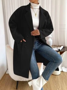 SHEIN X Lucía Bellido SHEIN EZwear Áo khoác ngoài màu đen cổ ve hai hàng khuy cho mùa thu/đông - màu đen - Xem 1
