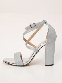 交叉粗跟金屬亮絲踝帶涼鞋 - 銀色 - 查看 4