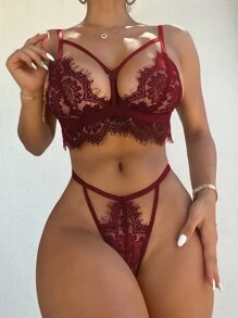 Floral Lace Cut-out Underwire Lingerie Set - Burgundy - View 3