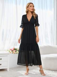 圓點荷葉袖荷葉邊洋裝 - 黑色 - 查看 5