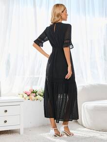 圓點荷葉袖荷葉邊洋裝 - 黑色 - 查看 2