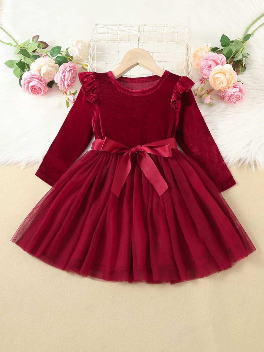 SHEIN Toddler Girls Ruffle Trim Mesh Hem Belted Velvet Dress - Burgundy - View 1