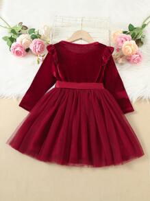 SHEIN Toddler Girls Ruffle Trim Mesh Hem Belted Velvet Dress - Burgundy - View 2