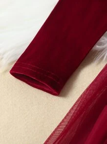 SHEIN Toddler Girls Ruffle Trim Mesh Hem Belted Velvet Dress - Burgundy - View 4