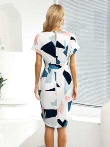 Geo Print Batwing Sleeve Belted Dress - Multicolor - View 2