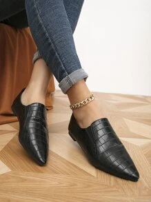 Crocodile Embossed Point Toe Loafers - Black - View 1
