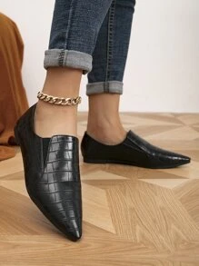 Crocodile Embossed Point Toe Loafers - Black - View 3