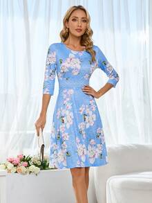 Floral Print A-line Dress - Blue - View 6