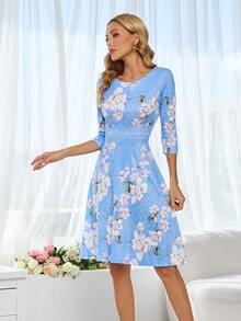 Floral Print A-line Dress - Blue - View 4