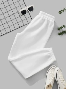 SHEIN PETITE Women Solid Elastic Waist White Sweatpants Graduation,Back To School Outfits,Graduation,Teacher Outfits For Women,Back To School - White - View 1