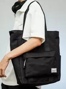 1个男士纯色拉链手提包，休闲简约字母印花大容量多功能笔记本电脑包沙滩周末包 - 黑色 - 查看 2