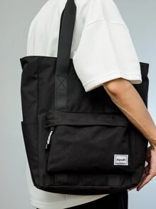 1个男士纯色拉链手提包，休闲简约字母印花大容量多功能笔记本电脑包沙滩周末包 - 黑色 - 查看 3