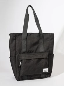 1个男士纯色拉链手提包，休闲简约字母印花大容量多功能笔记本电脑包沙滩周末包 - 黑色 - 查看 8