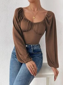 Almamuse Ruched Bust Lantern Sleeve Bodysuit Fall Cloth For Women - Coffee Brown - View 3