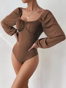 Almamuse Ruched Bust Lantern Sleeve Bodysuit Fall Cloth For Women - Coffee Brown - View 5